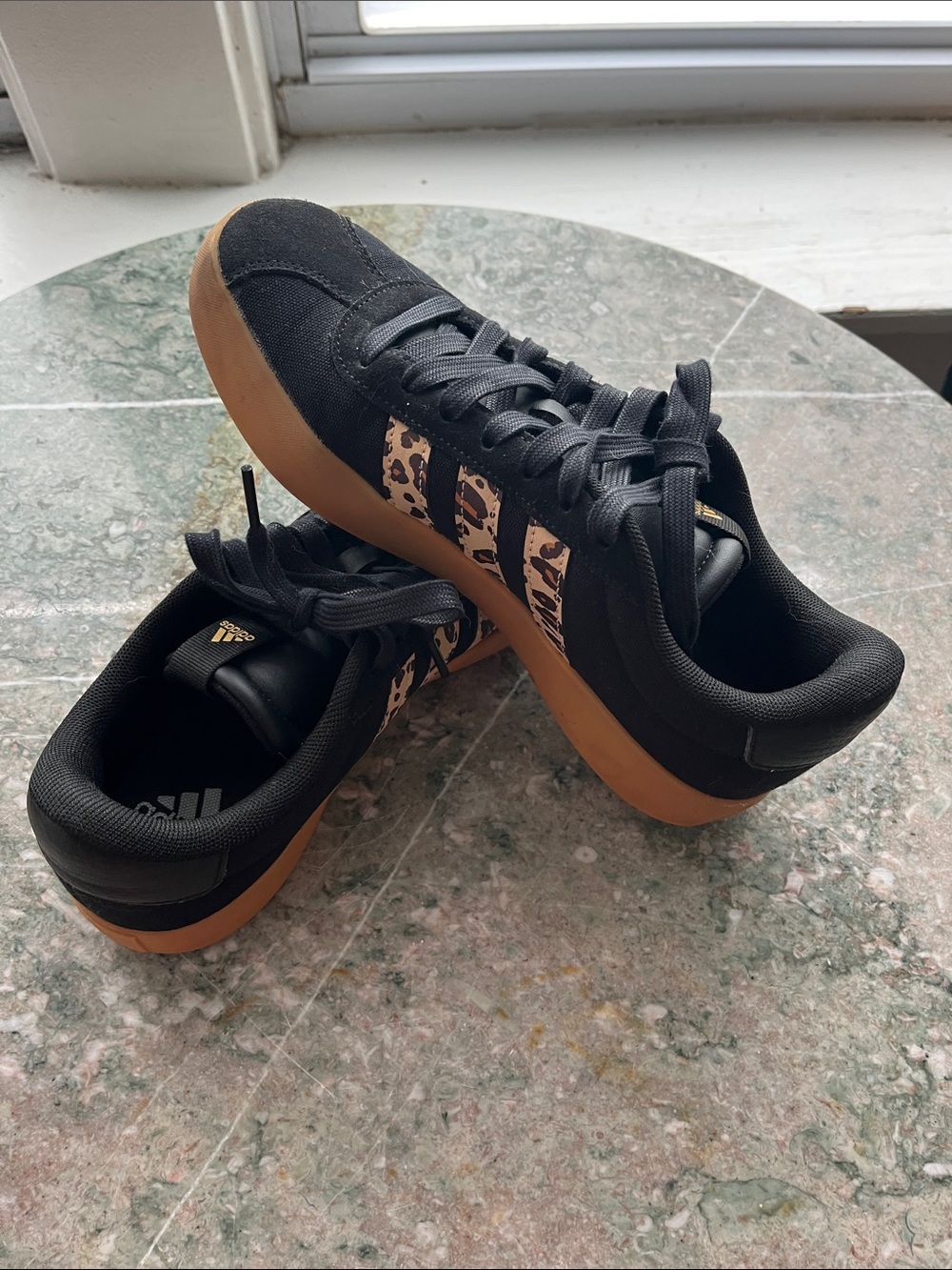 adidas Black Sneakers with Gum Sole and Leopard Stripe Accent